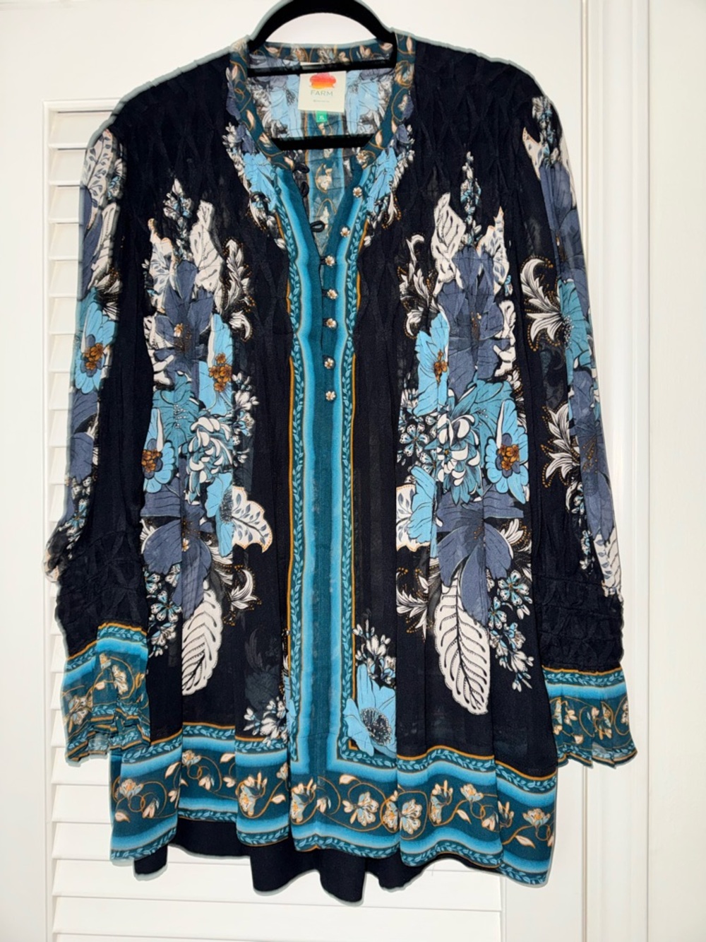 EUC FARM Rio Black Tunic with Teal and Blue Floral Trim